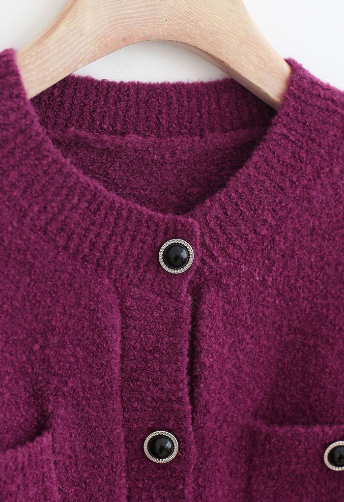 Fluffy Button Down Pocket Knit Cardigan in Berry