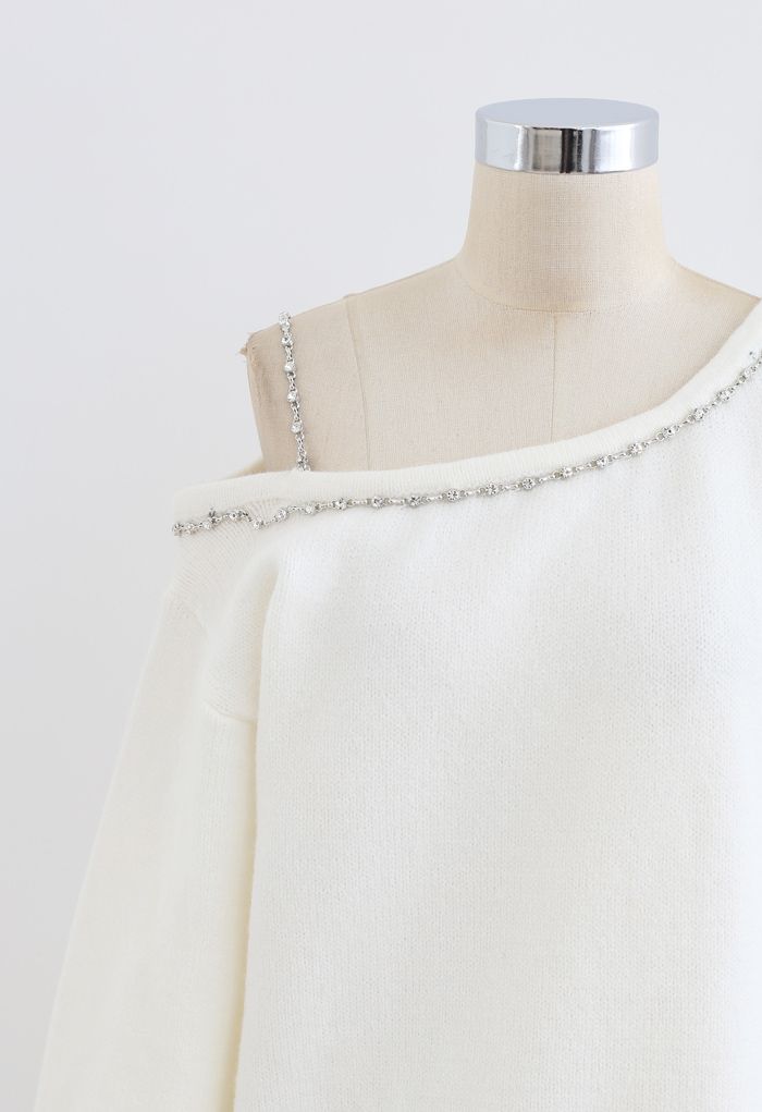 One-Shoulder Diamond Strap Knit Sweater in White