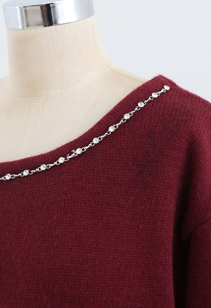 One-Shoulder Diamond Strap Knit Sweater in Wine