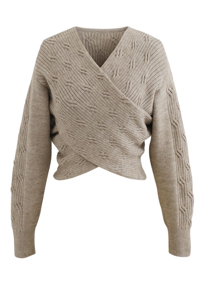 Crisscross Crop Ribbed Knit Sweater in Taupe