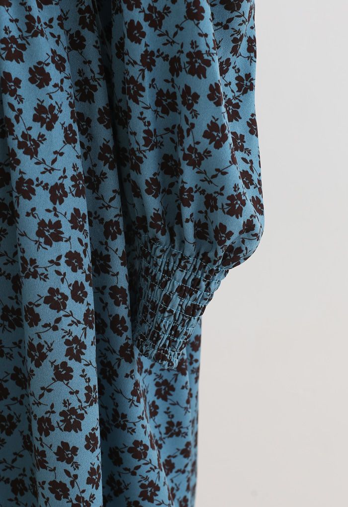 Padded Shoulder Floret Printed V-Neck Dress in Turquoise