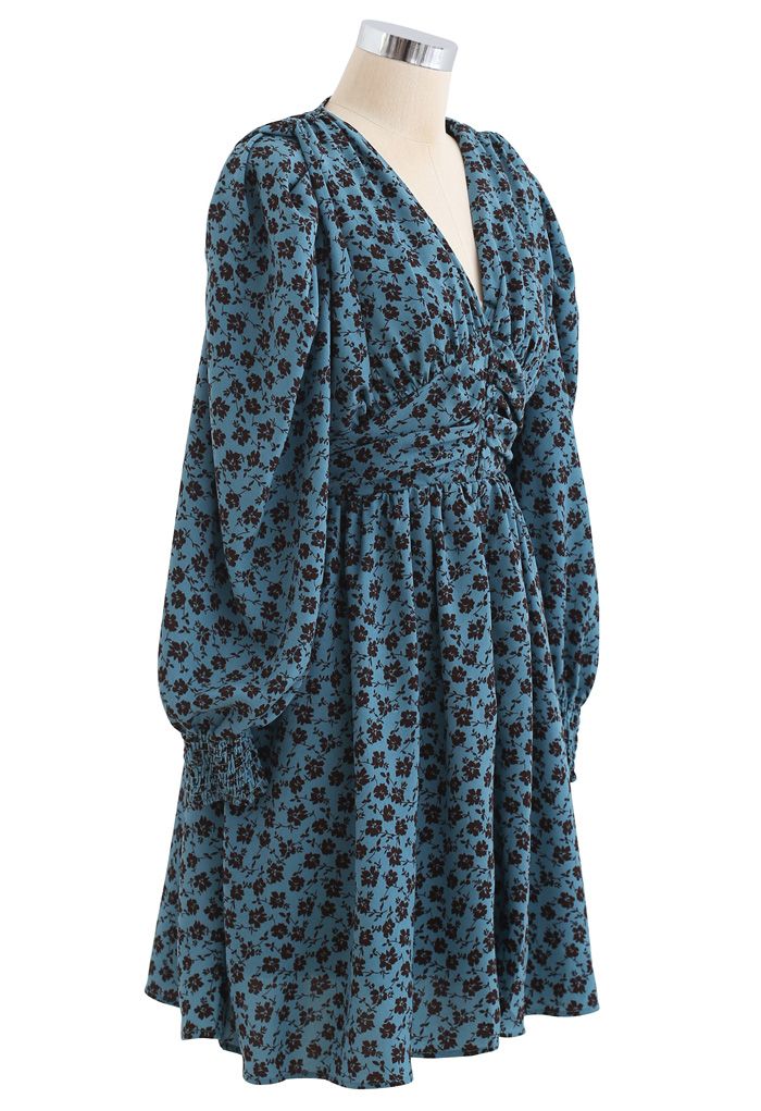 Padded Shoulder Floret Printed V-Neck Dress in Turquoise