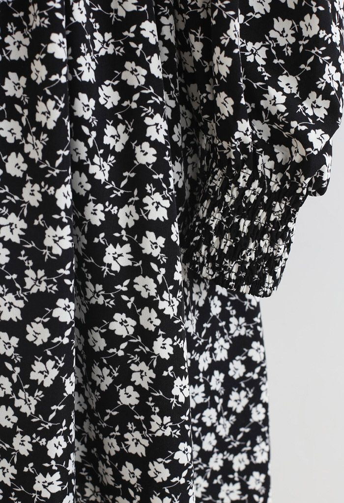 Padded Shoulder Floret Printed V-Neck Dress in Black