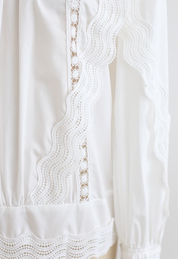 Buttoned Back Crochet Eyelet Top in White