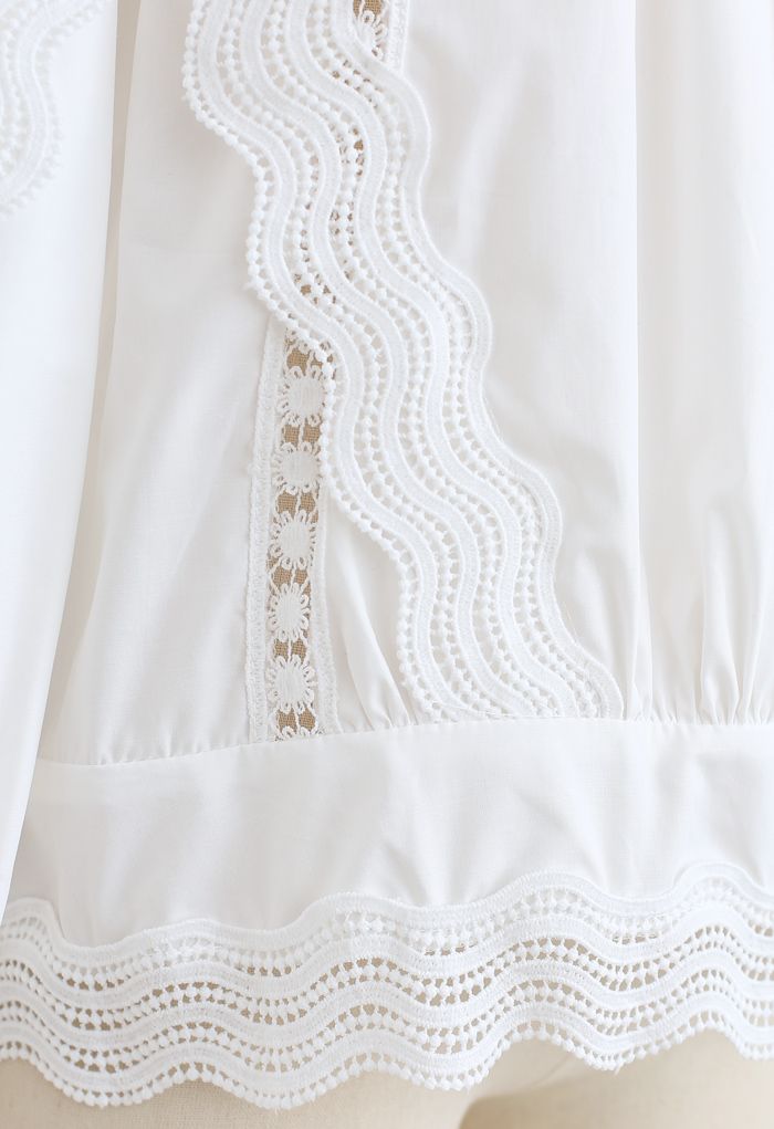 Buttoned Back Crochet Eyelet Top in White