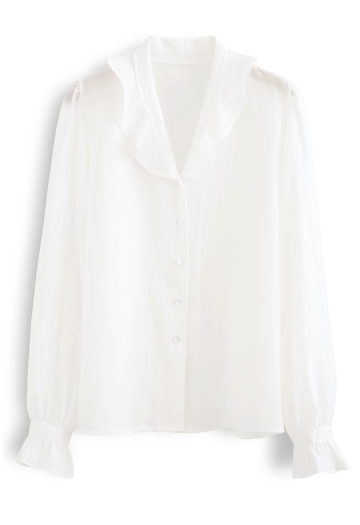 Semi-Sheer Ruffle Button Down Shirt in White