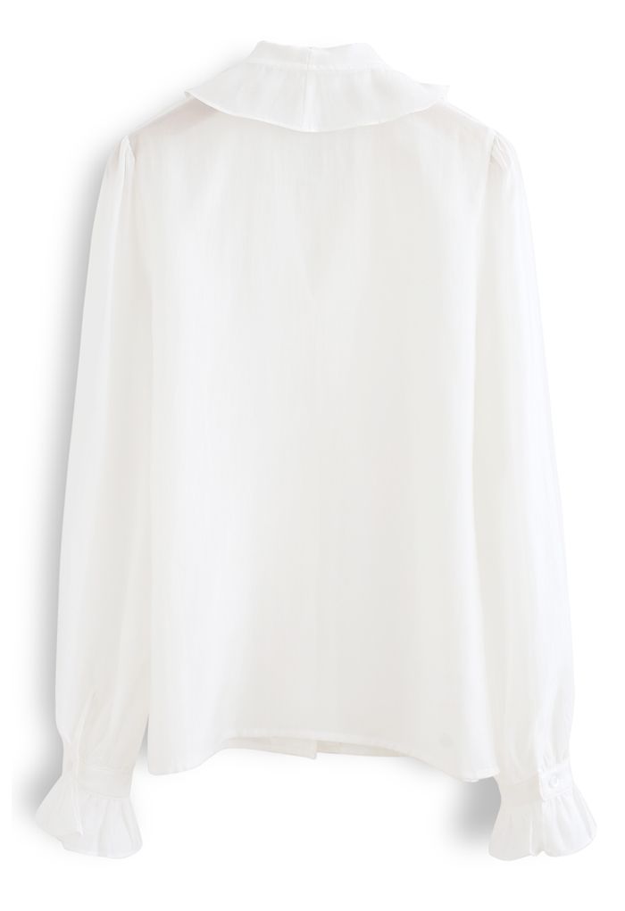 Semi-Sheer Ruffle Button Down Shirt in White