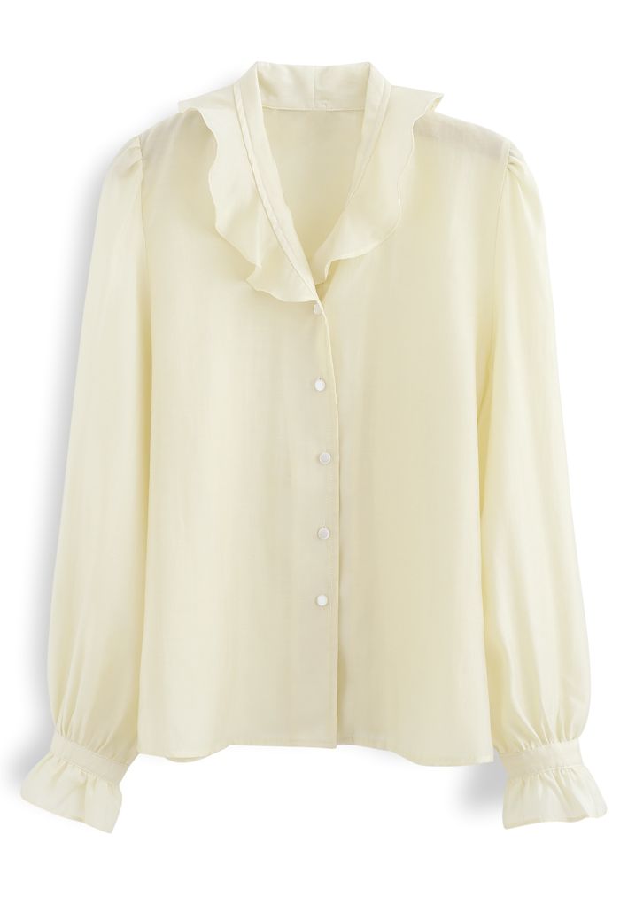 Semi-Sheer Ruffle Button Down Shirt in Cream