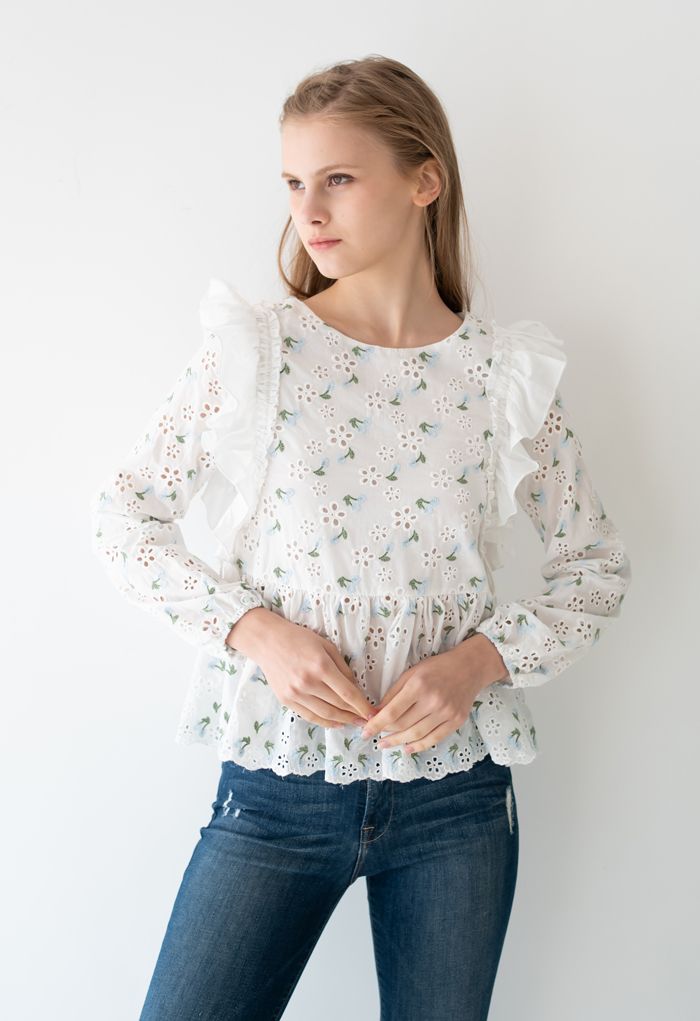 Embroidered Blue Posy Eyelet Tassel Top