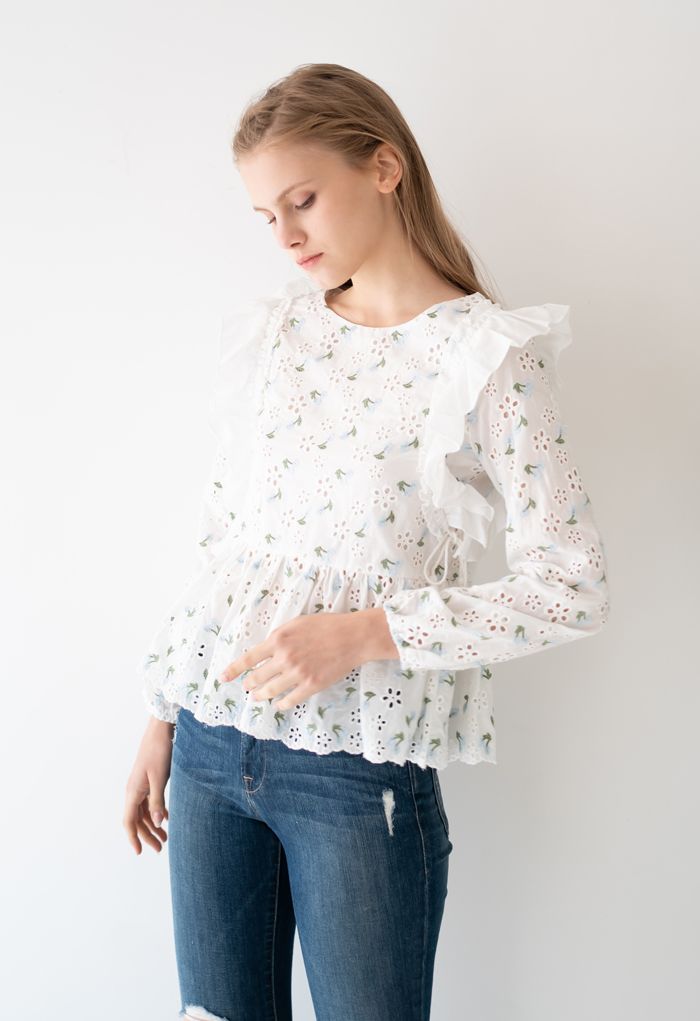 Embroidered Blue Posy Eyelet Tassel Top