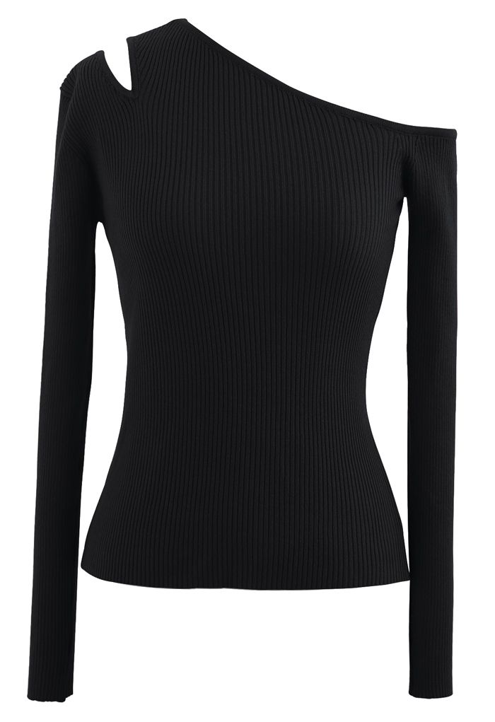 Asymmetric Cut Out Cold-Shoulder Fitted Knit Top in Black