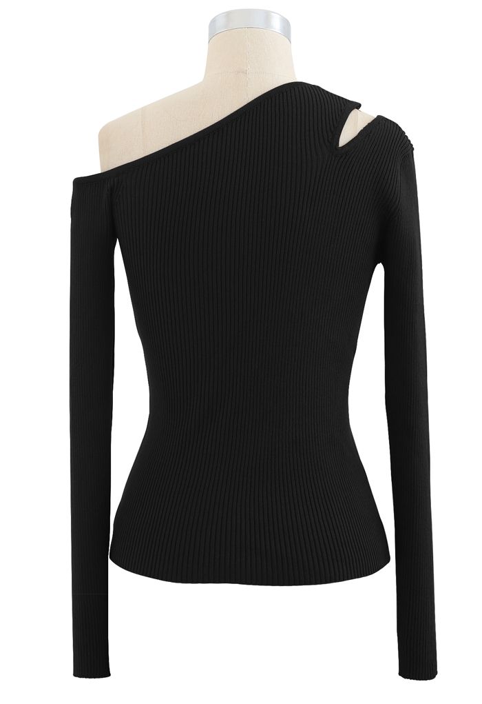 Asymmetric Cut Out Cold-Shoulder Fitted Knit Top in Black