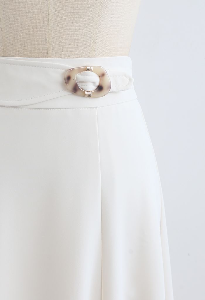 Marble Buckle Belted Flare Midi Skirt in White