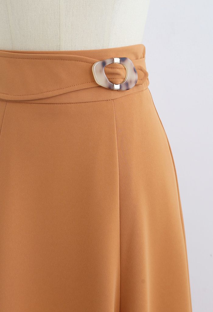 Marble Buckle Belted Flare Midi Skirt in Orange