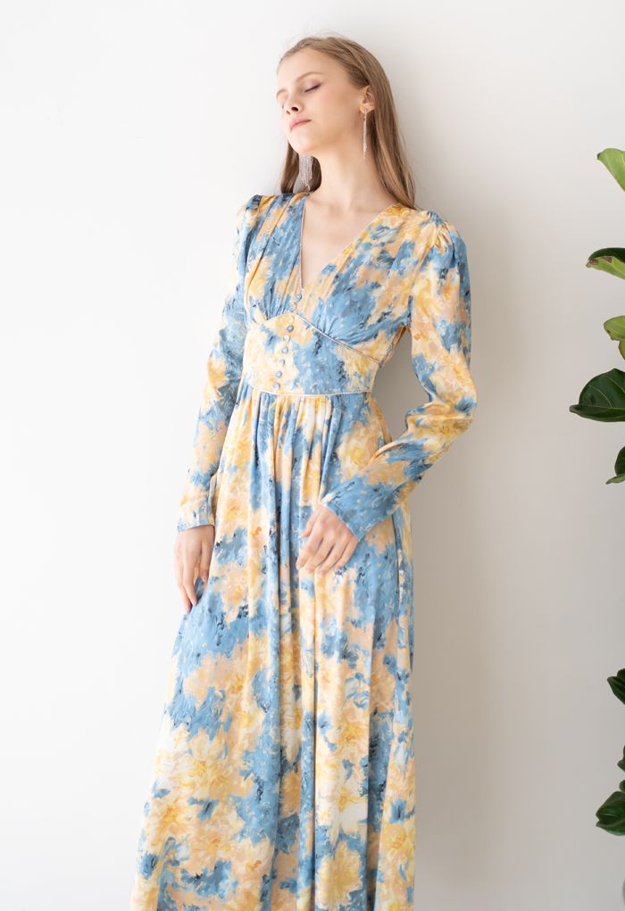 Crystal Trimmed Watercolor Painting Floral Maxi Dress