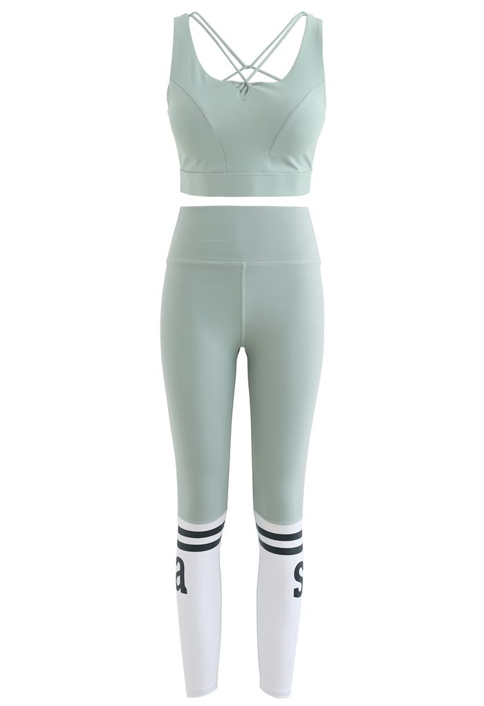 Lace-Up Back Sports Bra and Butt Lift Leggings Set in Pea Green