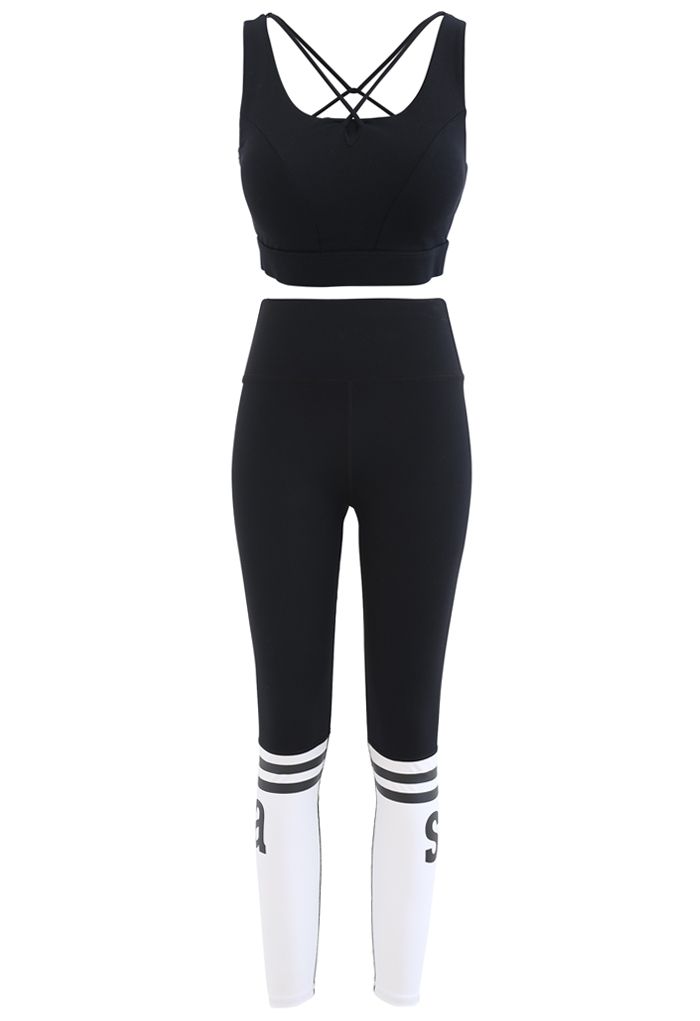 Lace-Up Back Sports Bra and Butt Lift Leggings Set in Black