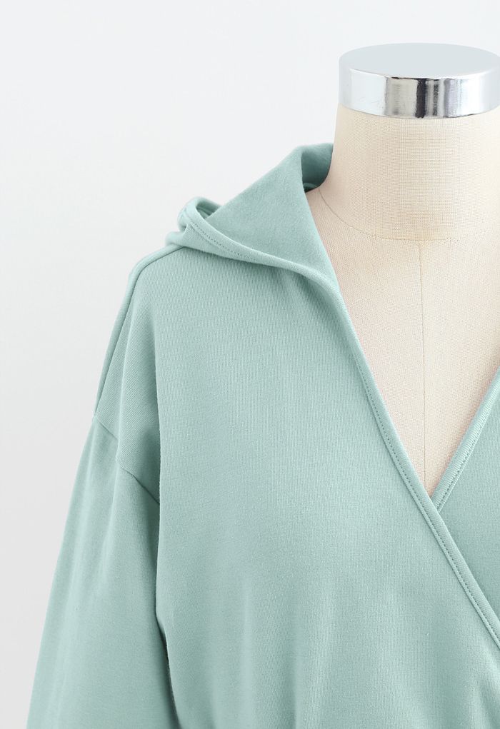 Self-Tied Front Cropped Hoodie in Mint