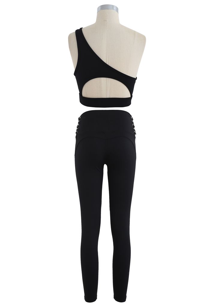 One Shoulder Lace Up Sports Bra and Leggings Set in Black