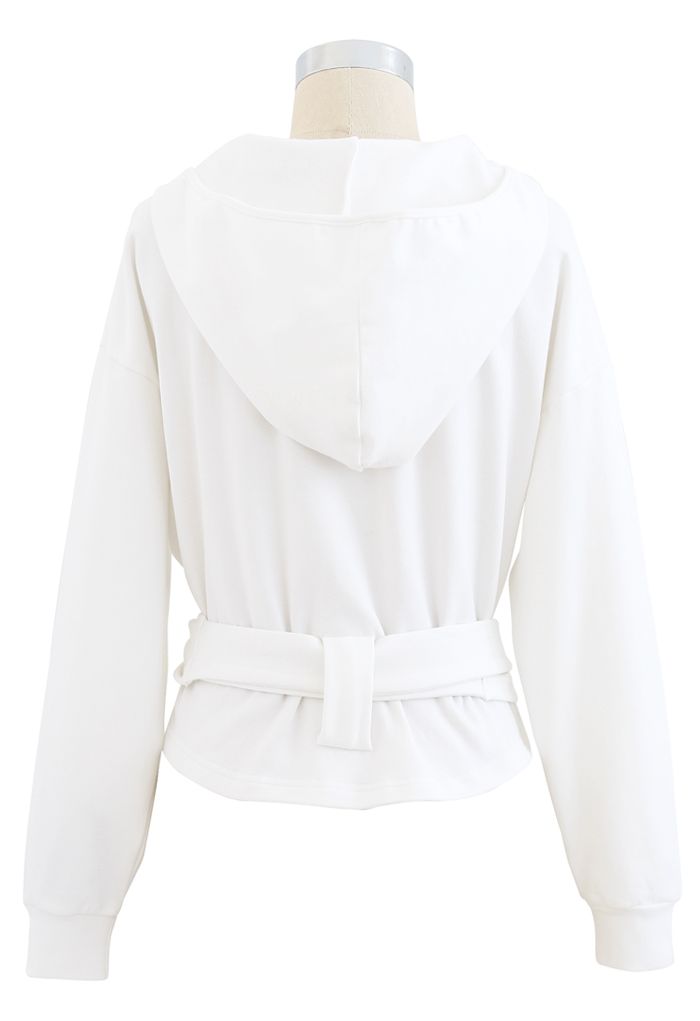 Self-Tied Front Cropped Hoodie in White