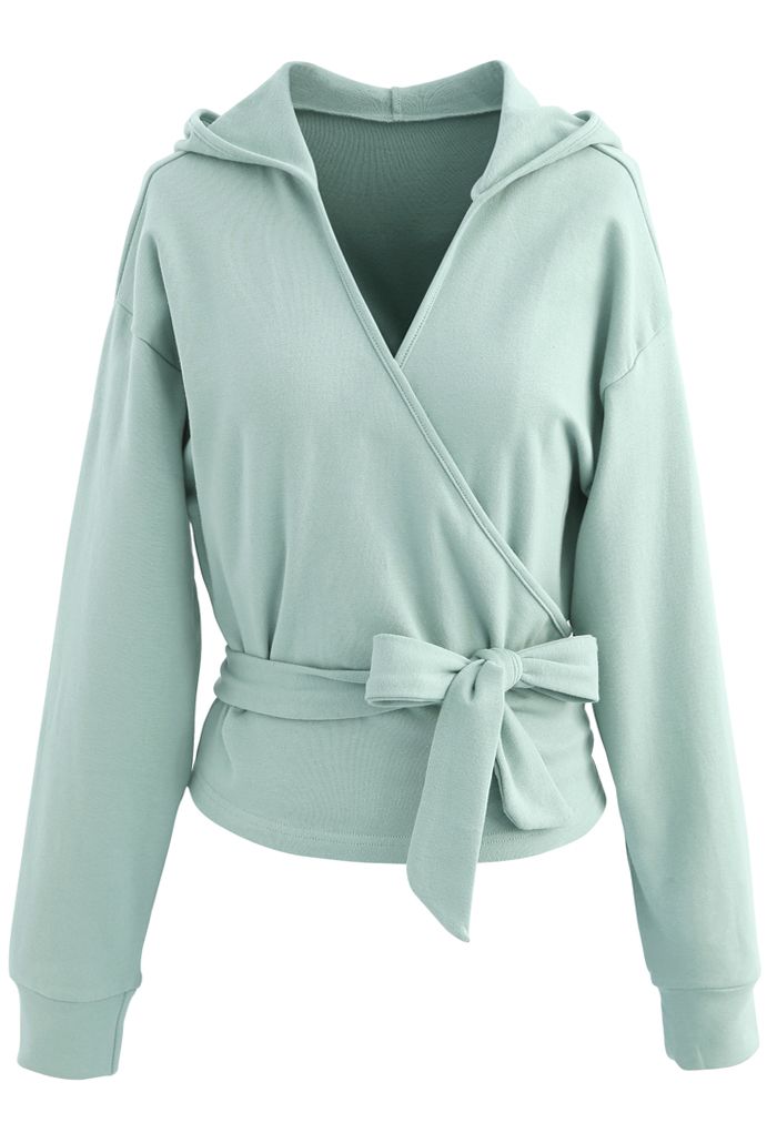 Self-Tied Front Cropped Hoodie in Mint