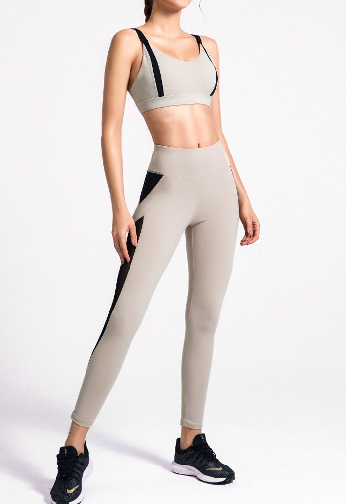 Two-Tone Sports Bra and Mesh Inserted Leggings Set in Sand - Retro