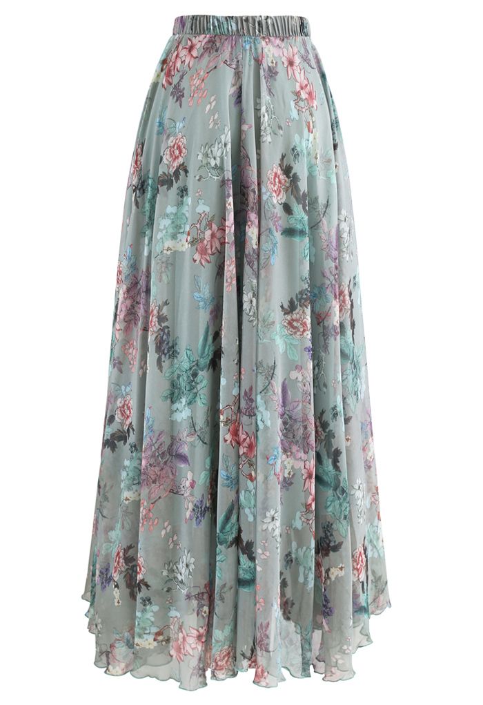 Exuberant Floral Chiffon Maxi Skirt in Green