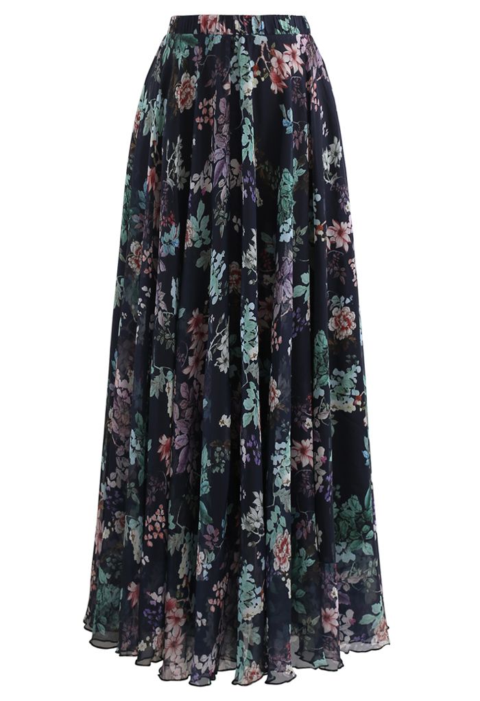 Exuberant Floral Chiffon Maxi Skirt in Navy - Retro, Indie and Unique ...
