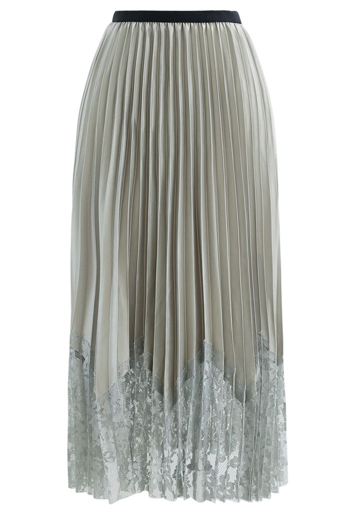 Pleated Sheen Flower Lace Hem Midi Skirt in Olive