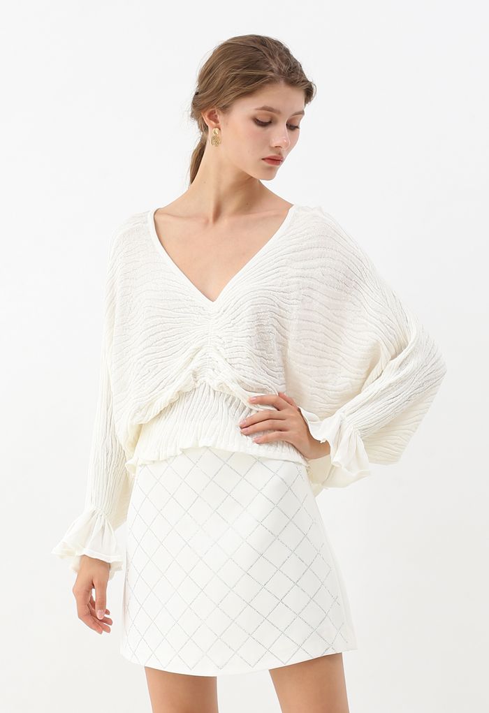 Batwing Sleeves V-Neck Ruched Knit Top in White