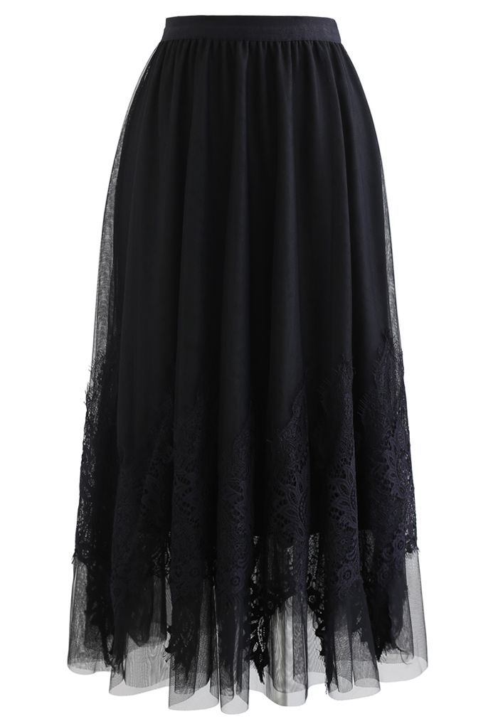 Tassel Lace Double-Layered Tulle Mesh Skirt in Black