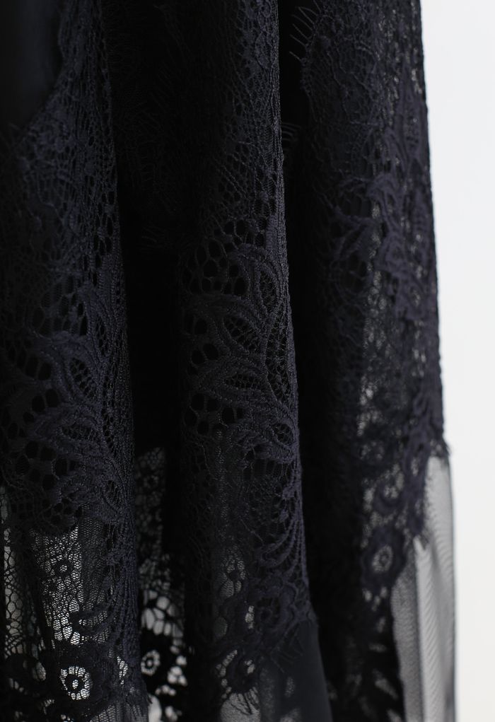 Tassel Lace Double-Layered Tulle Mesh Skirt in Black