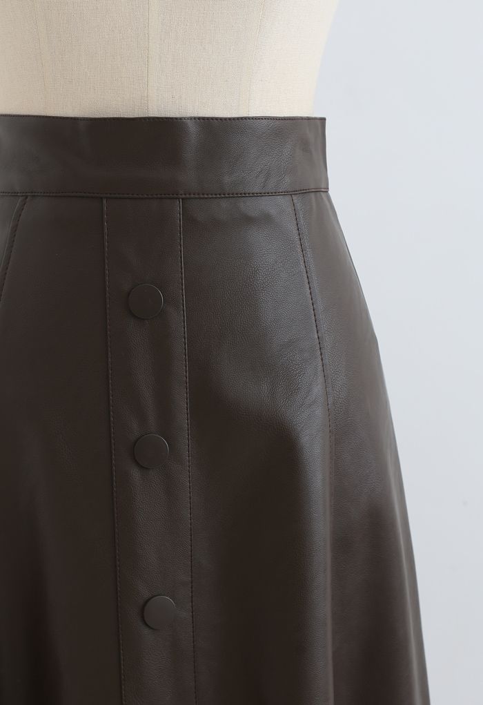 Buttoned Soft Faux Leather A-Line Skirt in Brown