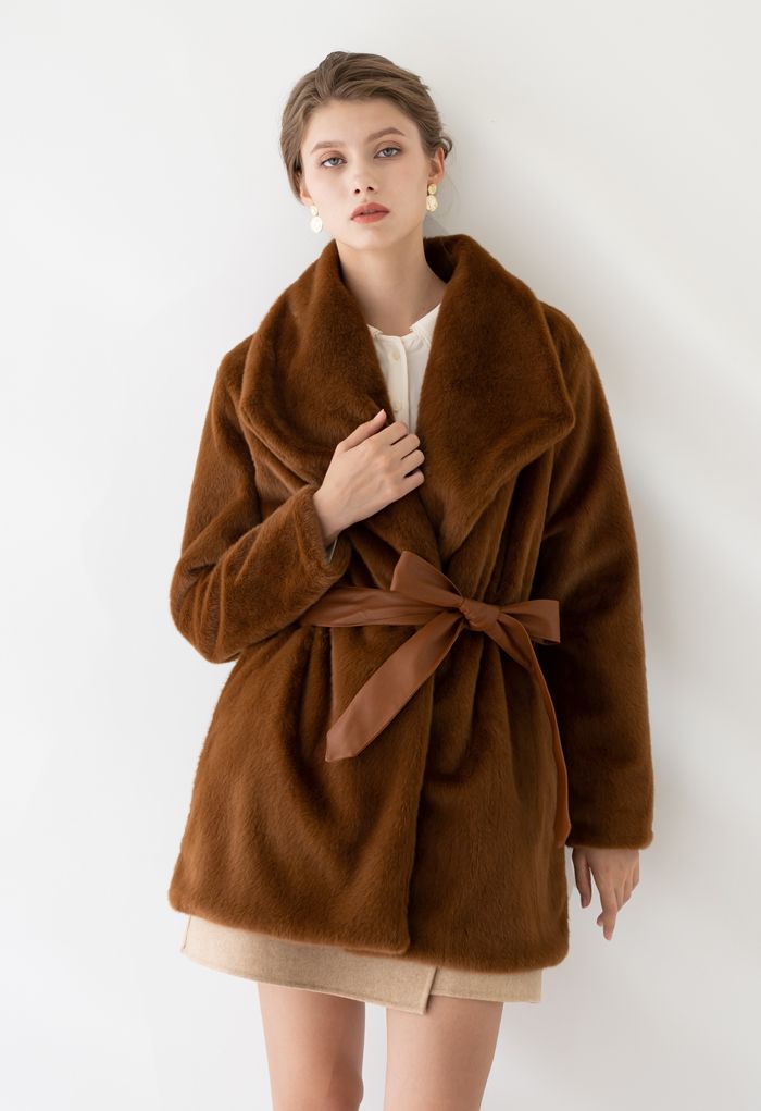 Faux Fur PU Leather Belted Coat in Brown - Retro, Indie and Unique Fashion