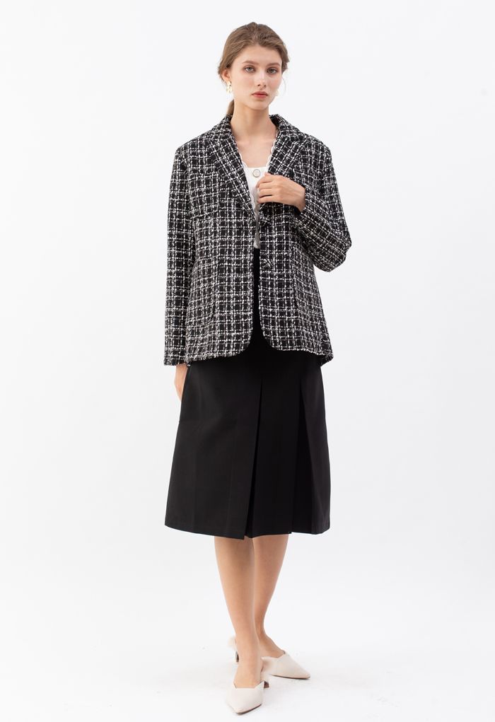 Patched Pockets Tweed Check Blazer in Black
