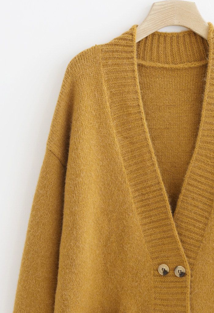 Pockets Double-Breasted Longline Cardigan in Ginger