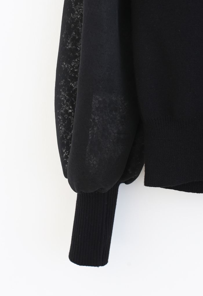 Flower Mesh Sleeves Spliced Knit Sweater in Black