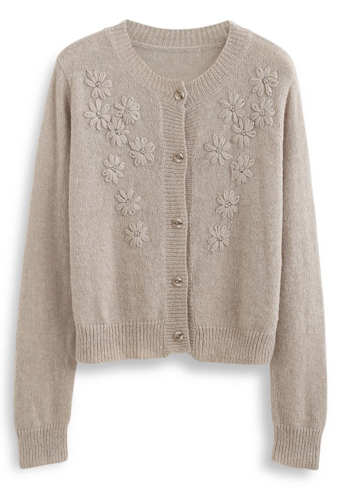 Delicate Stitch Flower Knit Cardigan in Taupe