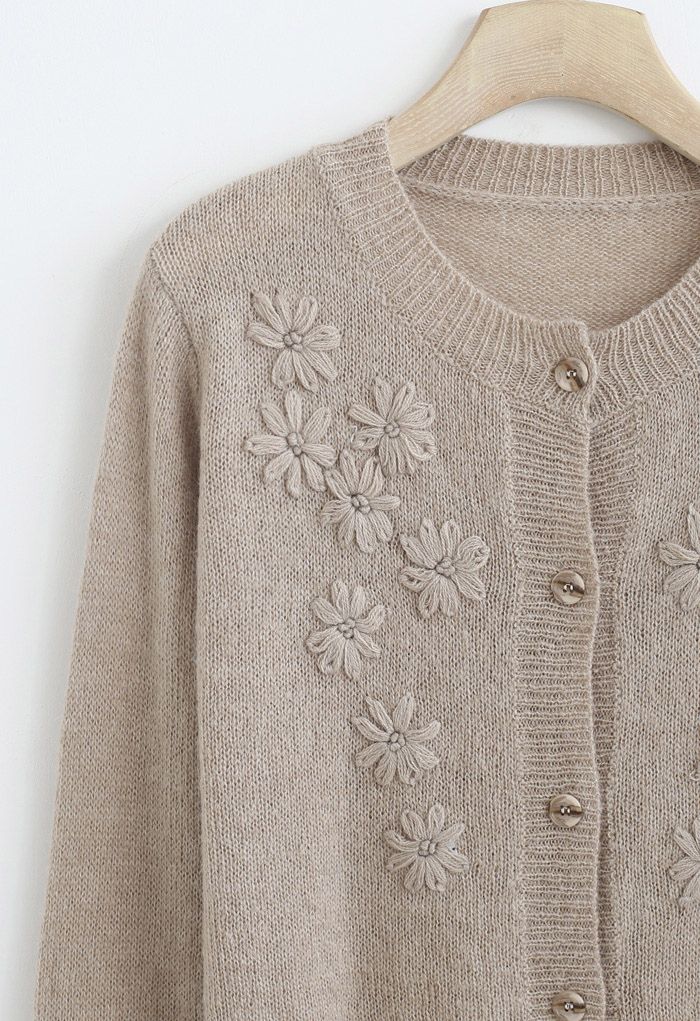 Delicate Stitch Flower Knit Cardigan in Taupe