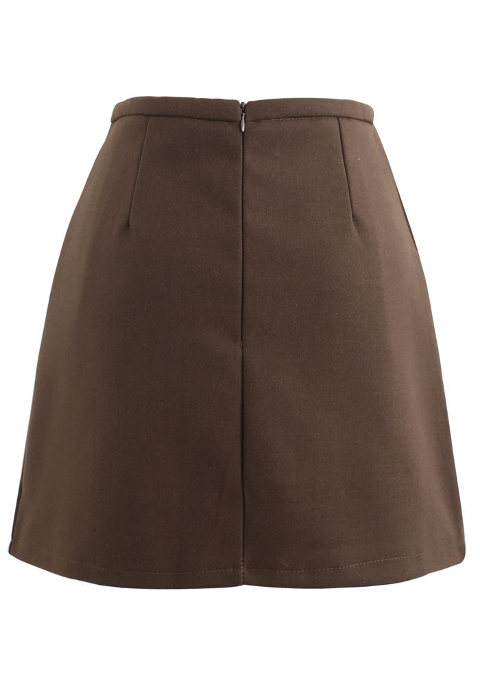 Fake Pocket Flap Bud Skirt in Brown