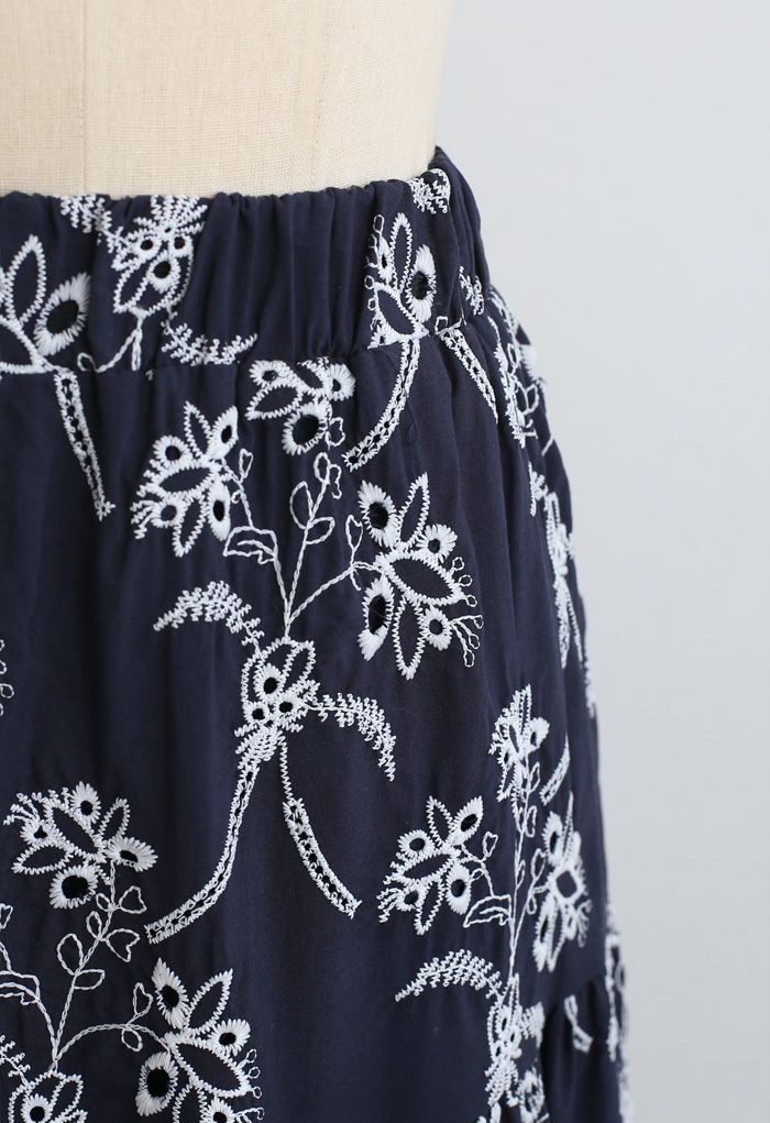 Embroidered Flowers Midi Skirt in Navy