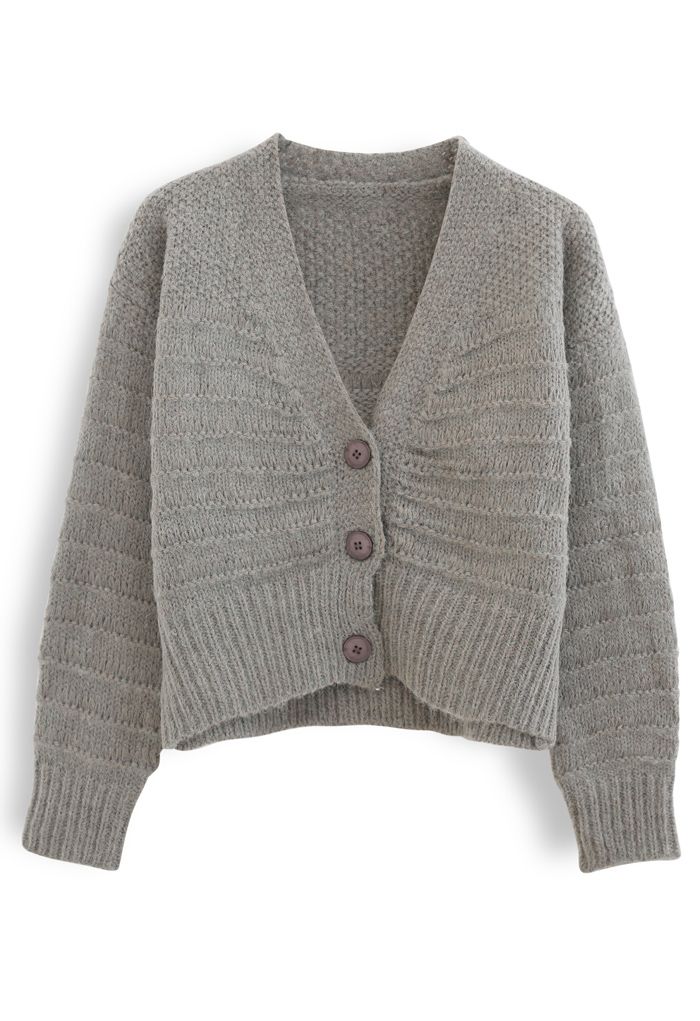 V-Neck Button Down Fuzzy Knit Cardigan in Grey