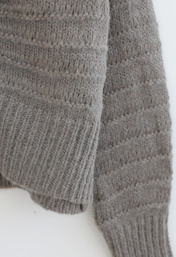 V-Neck Button Down Fuzzy Knit Cardigan in Grey