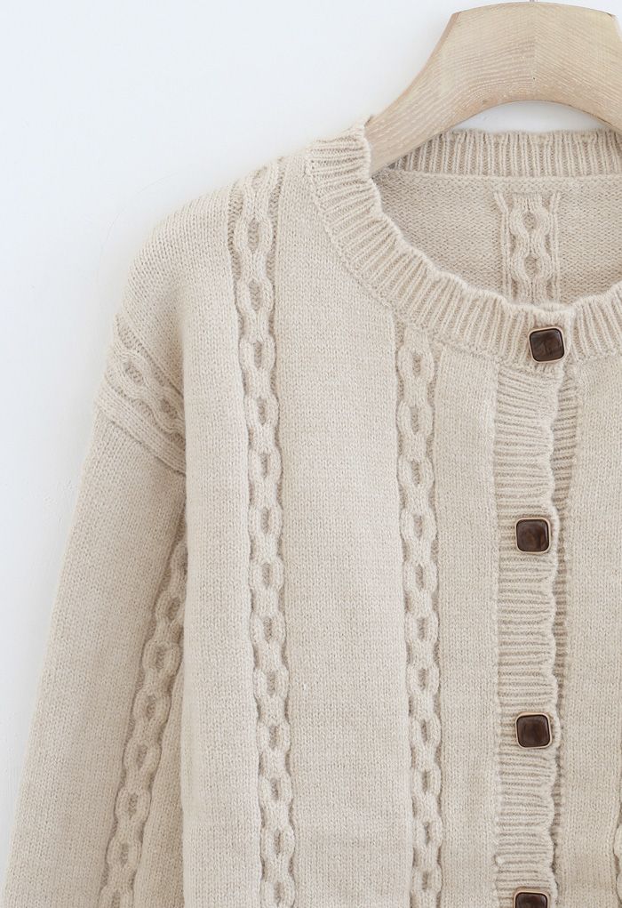 Chain Pattern Button Down Knit Cardigan in Sand