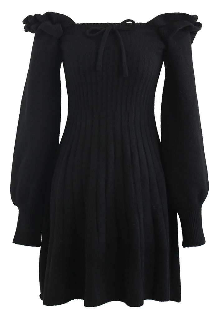Ruffle Square Neck Knit Midi Dress in Black