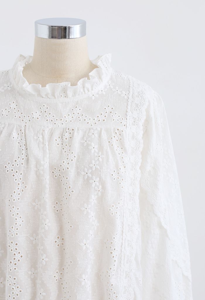 High Neck Eyelet Embroidered Floret Top in White
