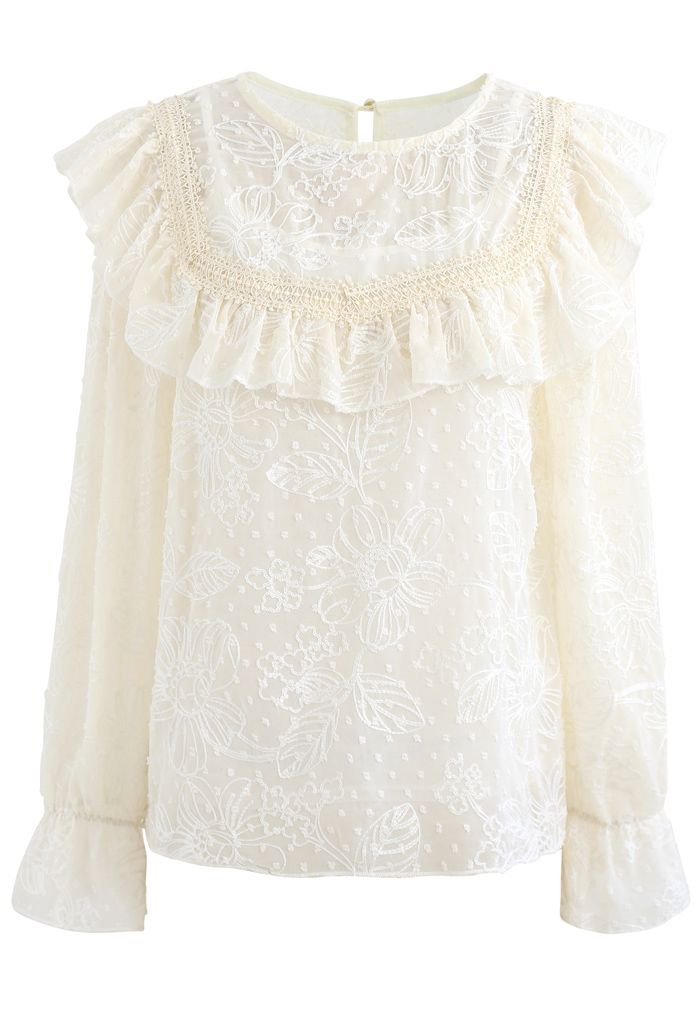 Ruffle Embroidered Floral Chiffon Top in Cream