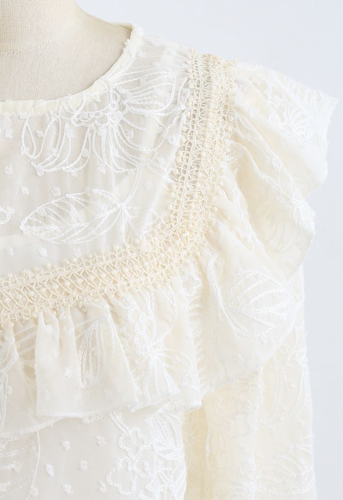 Ruffle Embroidered Floral Chiffon Top in Cream