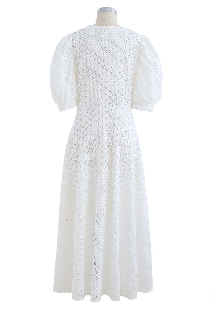 Twist V-Neck Buttoned Eyelet Dress in White