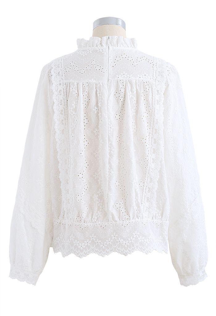 High Neck Eyelet Embroidered Floret Top in White